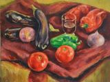une peinture à l'huile représentant des légumes et un verre de vin posés sur une nappe rouge