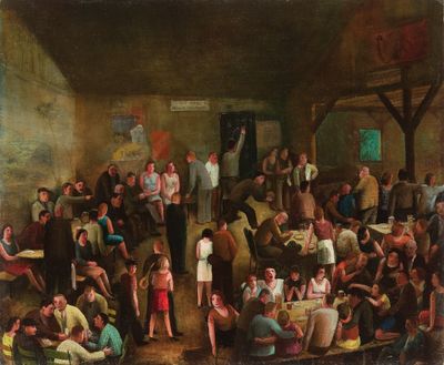 tableau représentant un grand groupe de personnes dans une pièce équipée de tables et de chaises
