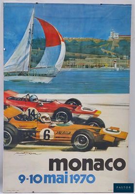 a poster of a race car and a sailboat on the beach