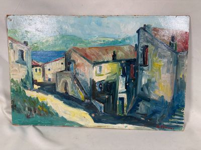 une peinture à l'huile représentant une scène de rue avec des bâtiments de part et d'autre de la rue