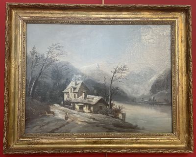 une peinture à l'huile représentant une maison dans un paysage enneigé