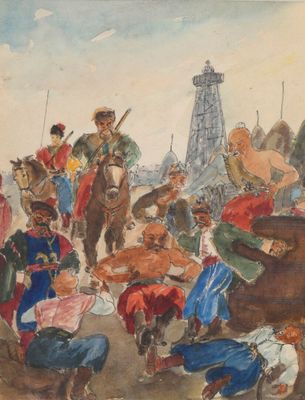an image of a painting of a group of people on horseback