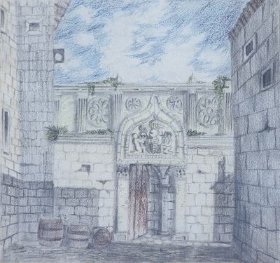 un dessin représentant une arcade menant à un bâtiment sur lequel est accrochée une horloge