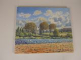 painting of a field with trees and a house in the distance