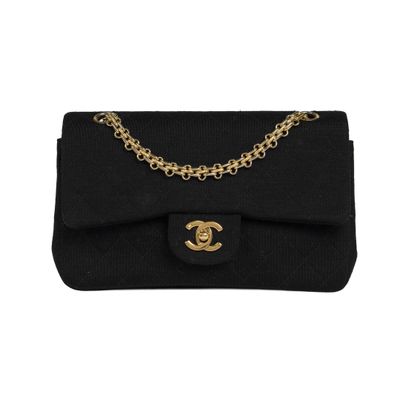 chanel black wool and gold chain shoulder bag