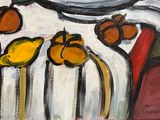 un tableau représentant une corbeille de fruits et une bouteille de vin