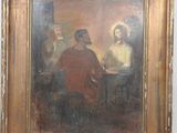 une peinture à l'huile représentant un groupe de personnes assises autour d'une table