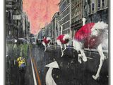 a painting of a group of cows walking down the street