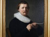 a painting of a man in a black dress holding a knife
