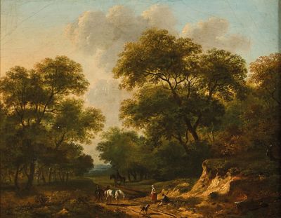 tableau représentant un paysage boisé avec des chevaux et des cavaliers sur un chemin de terre