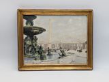 painting of a view of the washington monument with a fountain in the foreground