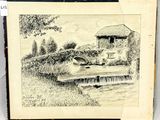 dessin au crayon représentant une maison au bord d'un ruisseau, dans un champ