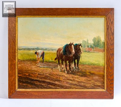 un tableau représentant deux chevaux tirant une charrue