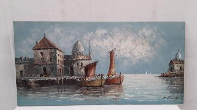 tableau représentant un bateau dans un port, avec un château en arrière-plan