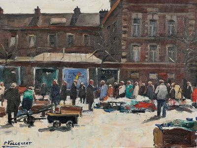 un tableau représentant une scène de rue avec des passants