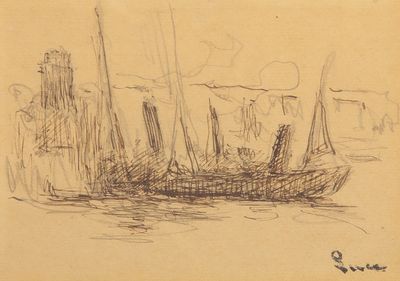 dessin représentant un bateau sur un plan d'eau, avec une ville en arrière-plan