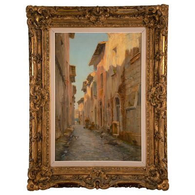 un tableau représentant une scène de rue avec des bâtiments et une personne marchant dans la rue