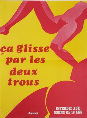 une affiche jaune et rouge représentant un homme sur une planche de surf