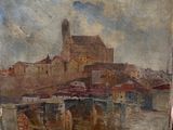 someone is holding up a painting of a city on a table