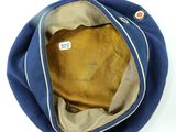 navy blue beret hat with tan leather brimle