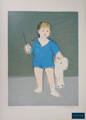un tableau représentant un petit garçon tenant un bâton et un chien blanc