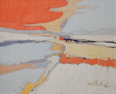 une peinture à l'huile représentant un tableau représentant un ciel orange et bleu