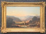 une peinture à l'huile représentant un homme à cheval dans un paysage montagneux