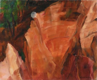 une peinture à l'huile représentant une formation rocheuse avec des arbres en arrière-plan