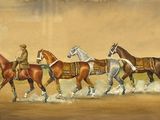 tableau représentant un groupe de chevaux galopant à travers un champ de terre battue