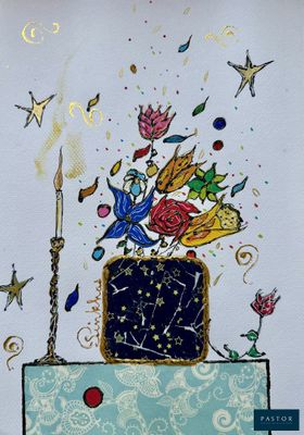 a painting of a vase with flowers on top of it