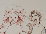 a drawing of a woman and a child in a dress
