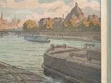 a picture of a painting of a city by the water