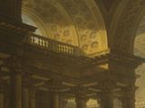 a painting of a building with columns and a clock on the wall