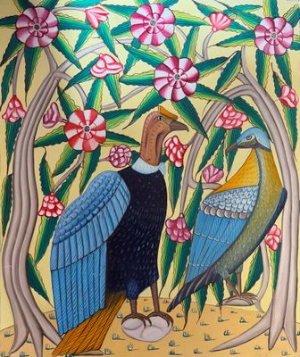 deux oiseaux qui se tiennent au milieu d'un tableau