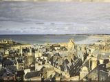 une image d'une peinture d'une ville au bord de l'eau