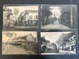 four old postcards of a street scene with buildings and people
