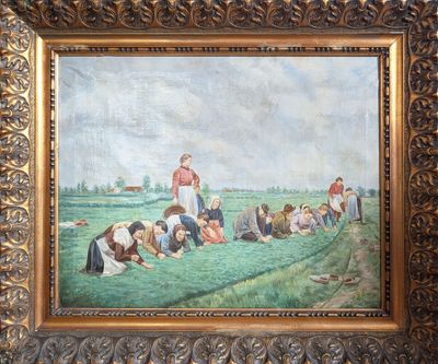 une image représentant un tableau où l'on voit un groupe de personnes travaillant dans un champ
