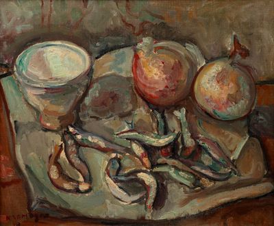 une peinture représentant des aliments dans une assiette posée sur une table