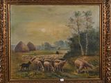 an oil painting of a herd of sheep grazing in a field