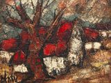 une image représentant une peinture d'une grange rouge et d'un arbre