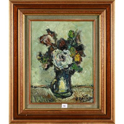 une peinture de fleurs dans un vase sur une table