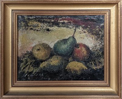 an oil painting of a still life of fruit on a table