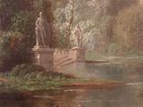 a painting of two people riding horses by a lake