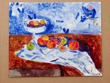 a painting of a bowl of fruit on a table