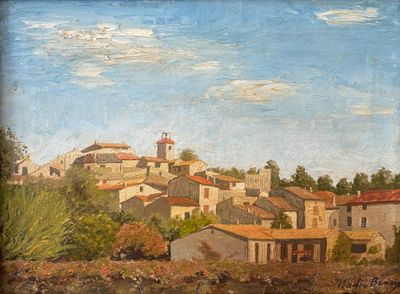 peinture d'une vue d'un village avec une église au loin