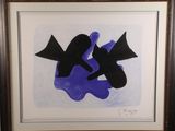 painting of a blue and black abstract painting in a black frame