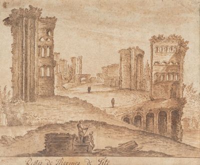 dessin représentant la vue d'un château en ruines avec un homme à cheval
