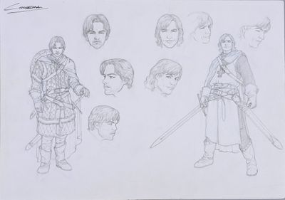 croquis représentant un homme armé d'une épée et une femme armée d'une épée