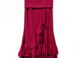 a women ' s red dress with ruffles on the bottom