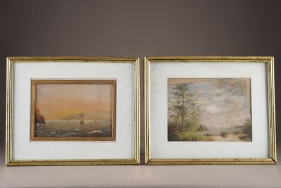 two framed paintings of horses in a landscape on a mantle